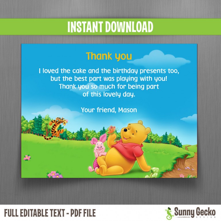 Winnie The Pooh Birthday Thank you Card